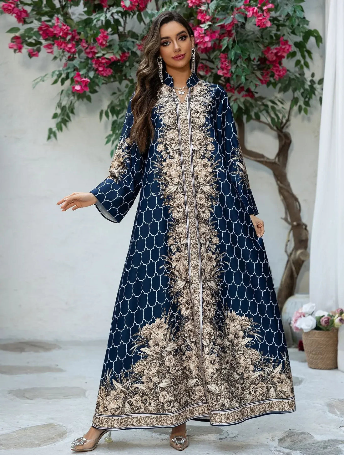 Floral Printed Abaya Muslim Pearls Diamonds Dress For Women Middle East Elegant Djellaba Loose Robe Maxi Kaftan Eid V-neck Gown