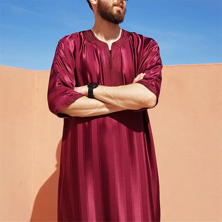 Blue Men Arabic Muslim Abaya Islamic Clothing Men's Embroidered Jubba Thobe Dubai Ramadan Kaftan Eid Prayer Long Robe Dress