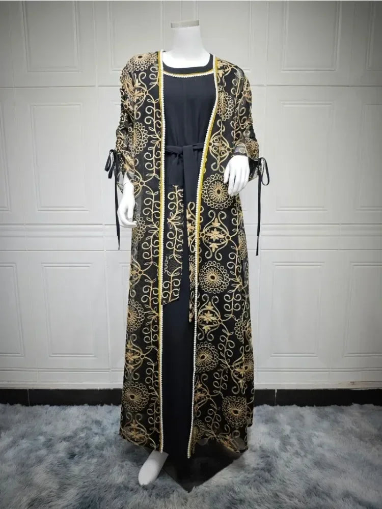 Dubai Ramadan Embroidery stylish abaya Two -piece Muslim Elegant Women Evening Dress O-Neck Belted Kaftan