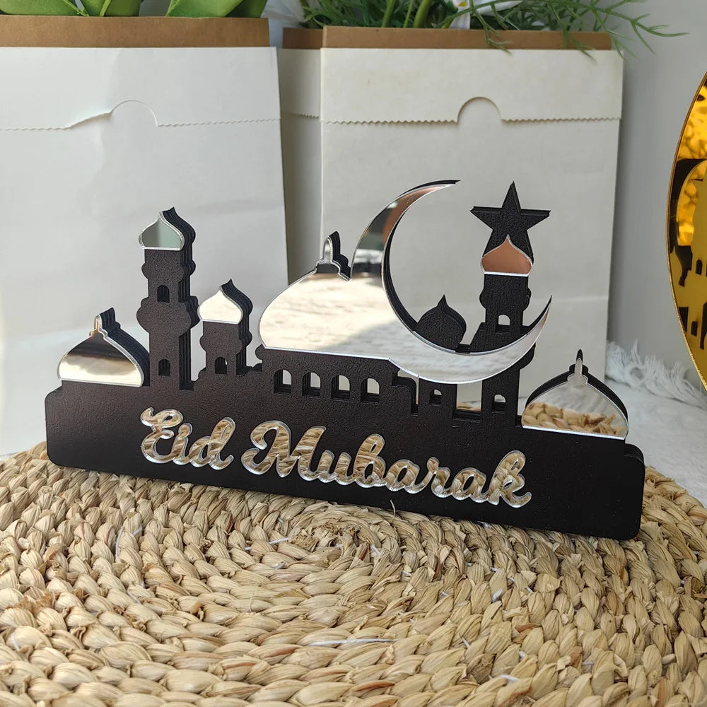 Eid Mubarak Wooden Silver Gold Acrylic Mosque Table Decoration